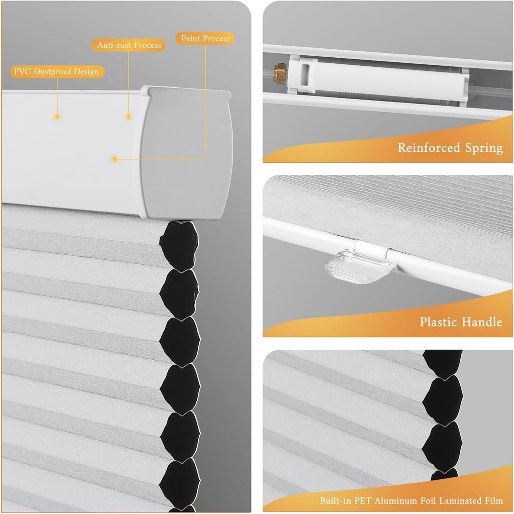 Cordless No Tools No Drill Cordless Cellular Shades, Blackout Light Blocking Honeycomb Shades, Thermal Insulation