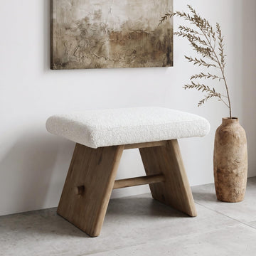 Upholstered Boucle Ottoman, Reclaimed Pine Wood, Beige White