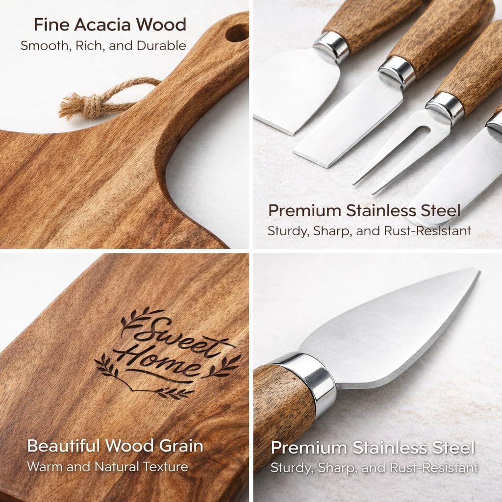 9-Piece Charcuterie Board Gift Set, Acacia Wood Cheese Board with Knives | 100% Acacia Wood, Cheese Knives &