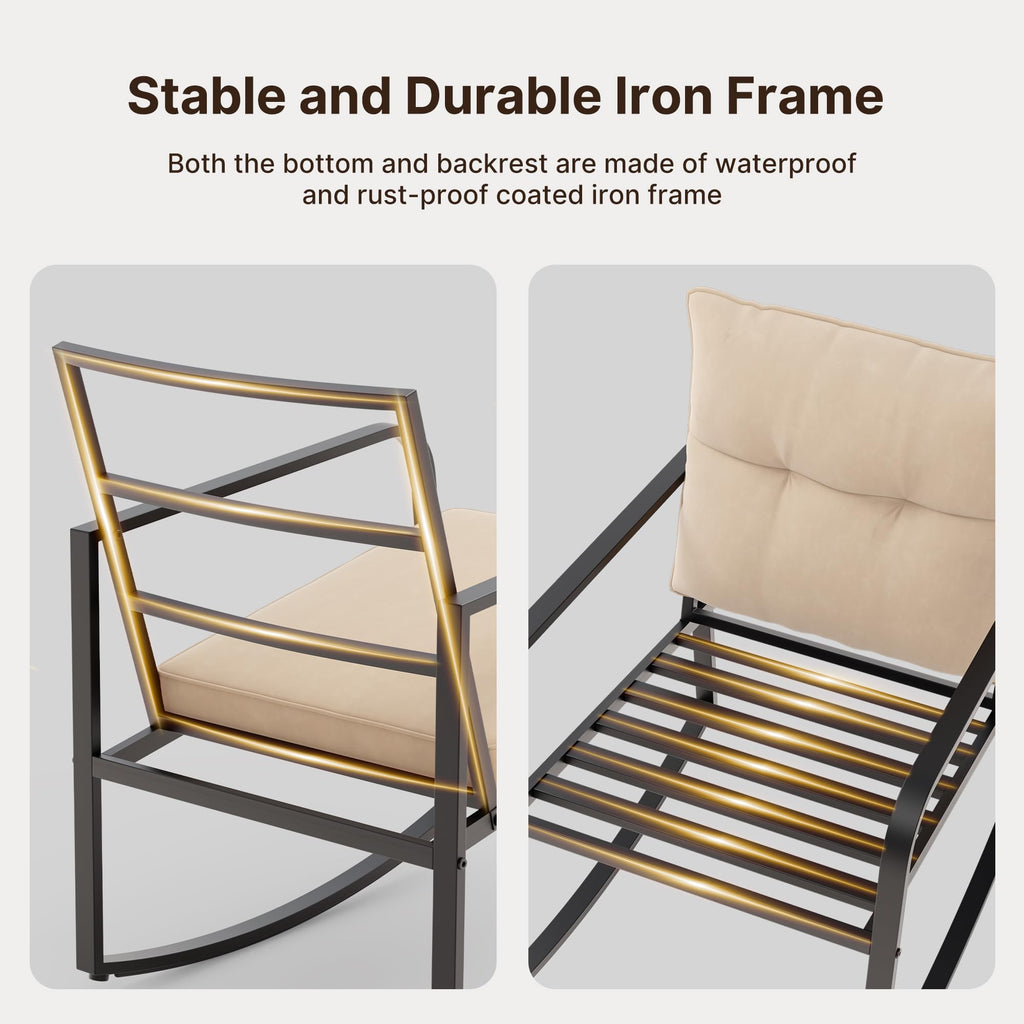 3 Pcs Rocking Bistro Set, Black Steel Patio Furniture, Beige Cushion