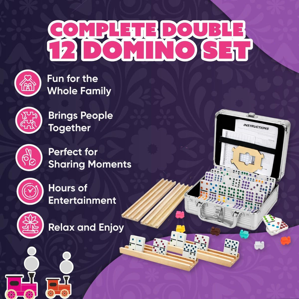 Mexican Train Dominoes Set with 4 Wooden Trays - 91 Double 12 Color Dot Dominoes, Aluminum Storage Case, 9 Train