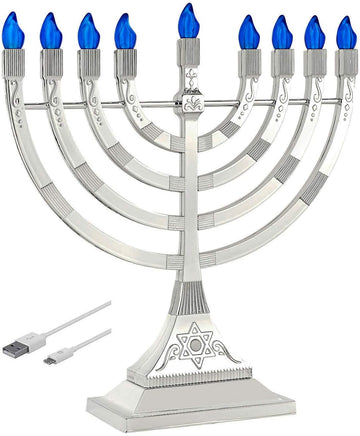 Zion Judaica 12" LED Chanukah with Flame Shaped LED Bulbs Electric USB Powered or Batteries Electronic Minorah - 4'