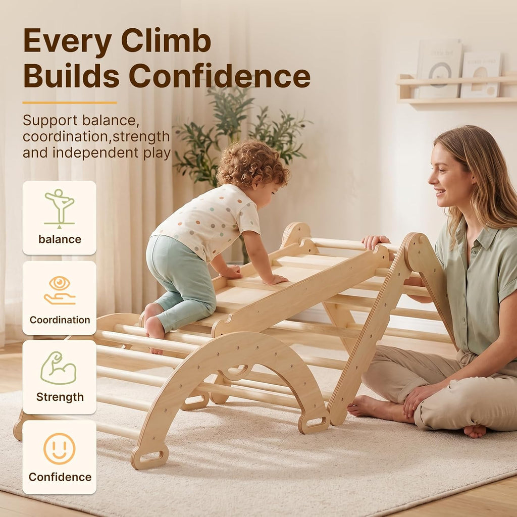 Pikler Triangle Set, Wooden Montessori Climbing Toys for 1-3 Year Old, Foldable in-1 Toddler Baby Indoor Play Gym