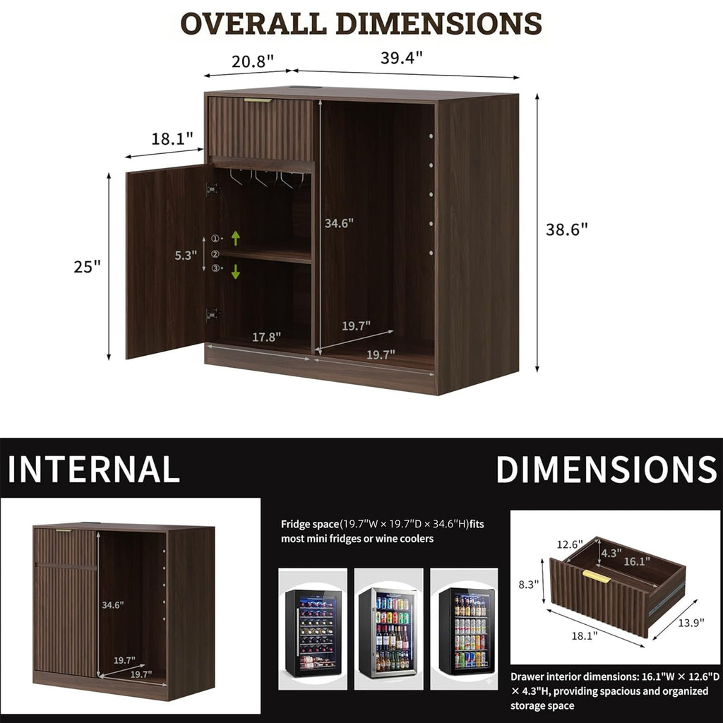 Mini Fridge Cabinet with Power Outlet, Coffee Bar Cabinet with Fridge Space & Wine Glass Rack, Fluted Buffet