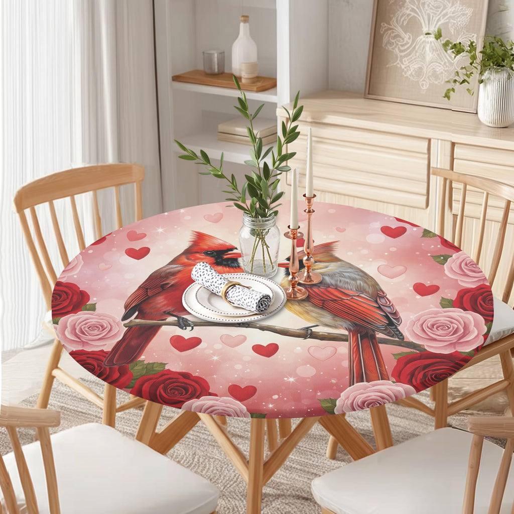 Valentines Day Round Fitted Tablecloth with Elastic Cardinal Bird Heart Circle Table Cloth for 48-52" Tables Wipeable