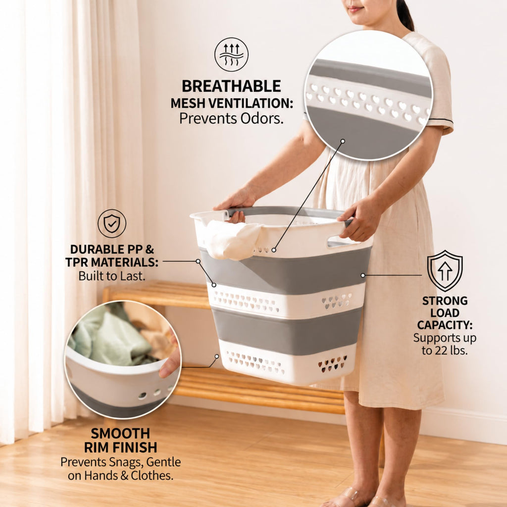 2Pcs 42L Collapsible Laundry Basket with Handle Foldable Laundry Hamper (Gery 17 Inch * 15 Inch * 14 Inch) Pop Up
