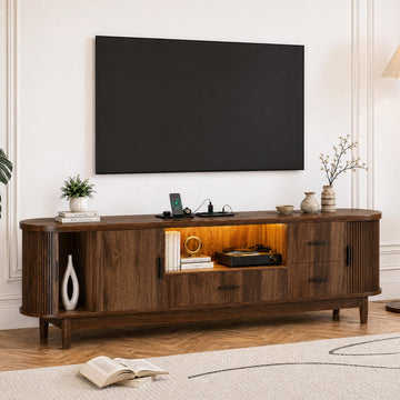 63" Mid Century Modern TV Stand with LED Lights and Outlets, Walnut