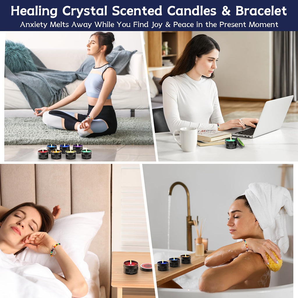 7 Chakra Crystal Candles with Healing Stones & Bracelets - Scented Meditation Candles for Stress Relief, Spiritual