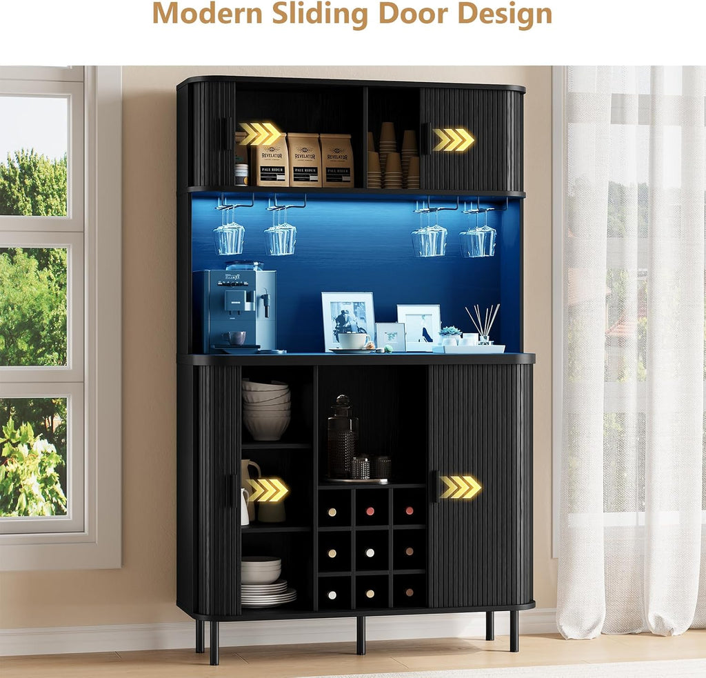 71" Tall Fluted Wine Bar Cabinet with Storage Black | Liquor Cabinet, Coffee Bar Cabinet, Large Home Bar, with LED
