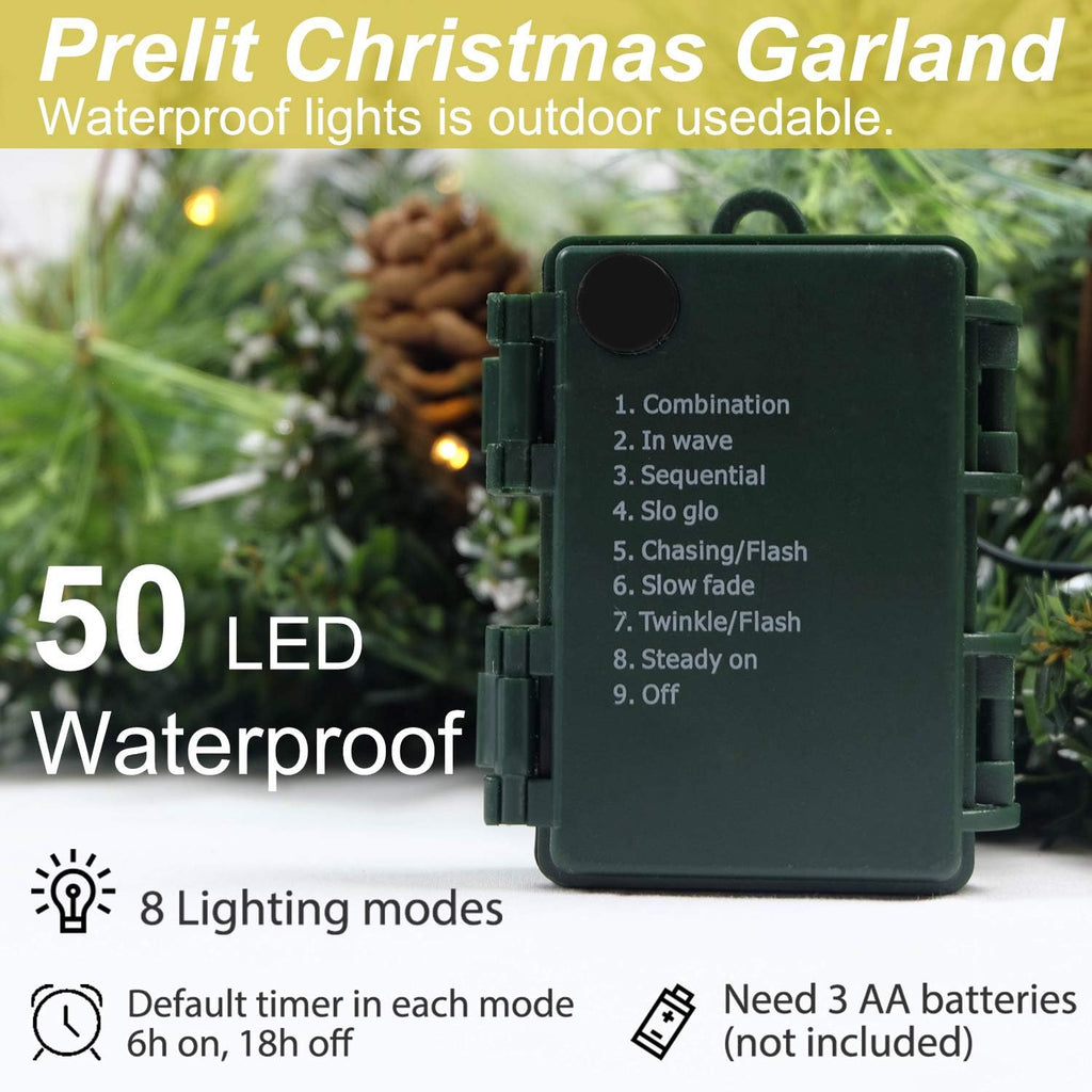 Christmas Garland Prelit 9 Ft Battery Operated with 50 Led Lights, Pine Cone and Snow Style Xmas Garland, Christmas