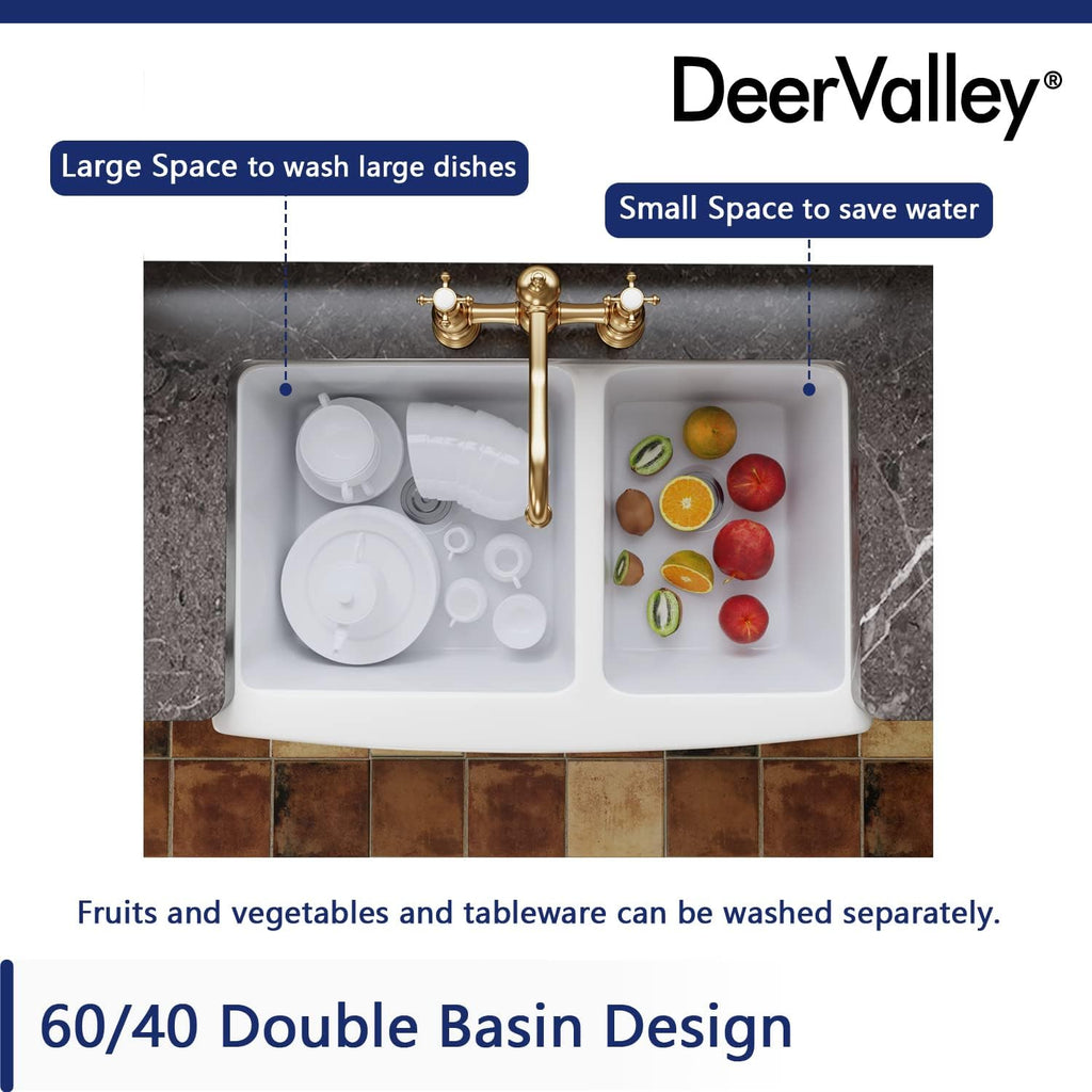 Double Bowl White Kichen Sink 33 inch, Ceramic Apron Front Farmhouse Sink, Deep Drop-in Fireclay Undermount Large