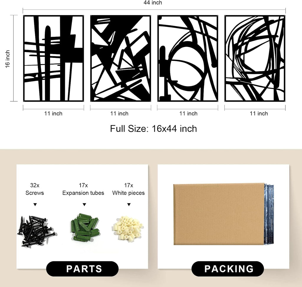Black Abstract Metal Wall Art, Minimalist Décor Single Line Art Wall Décor, 3D Textured Metal Wall Sculptures - Set of 4