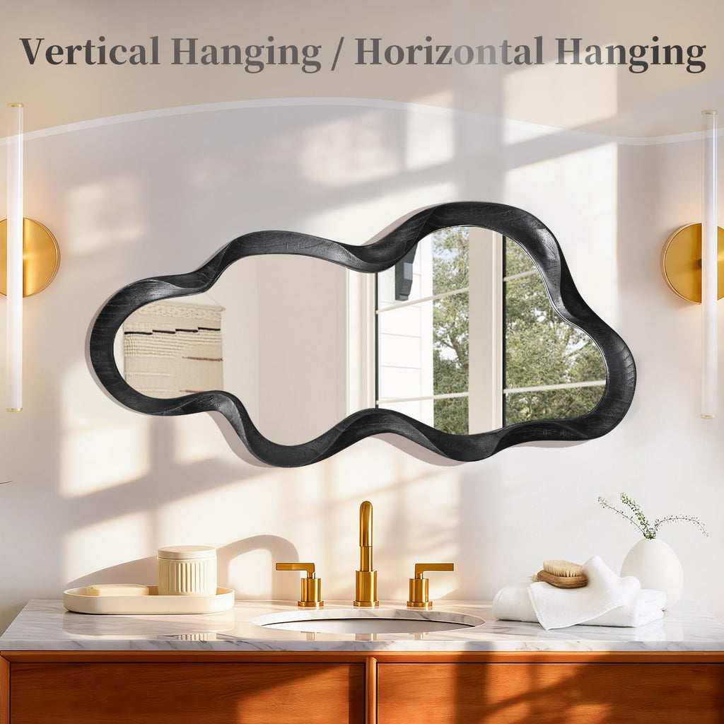 Black Asymmetrical Mirror, Wall Irregular Wood Frame Wavy Wall Mirror