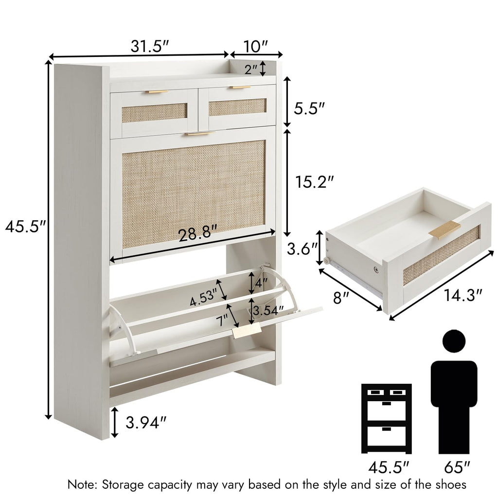 Rattan Shoe Storage Cabinet with 2 Drawers & 2 Flip Drawers