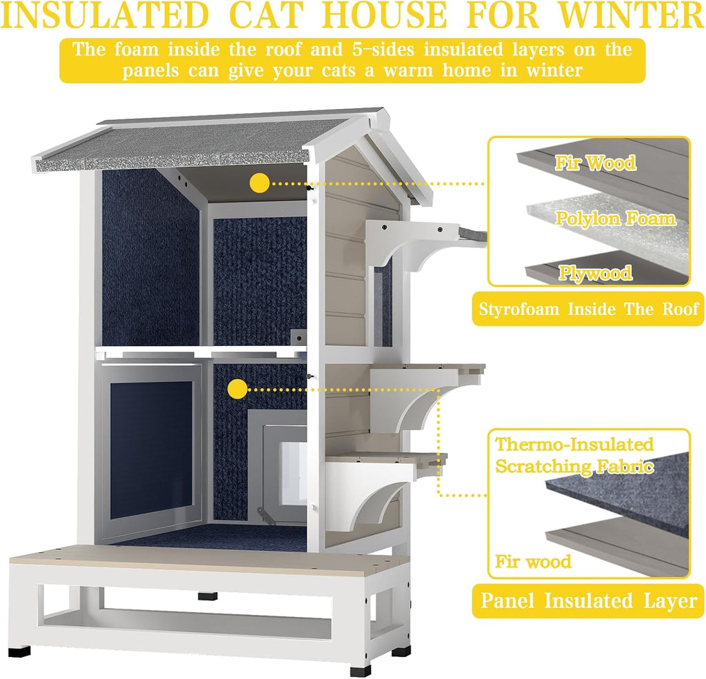 2-Story Insulated Outdoor Cat House, Weatherproof Feral Cat Shelter
