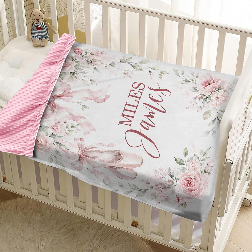 Blankets with Name - Custom Pink Bow Pattern Baby Girl Blanket - Soft Minky Dot Blanket for Crib, Nursery, Stroller