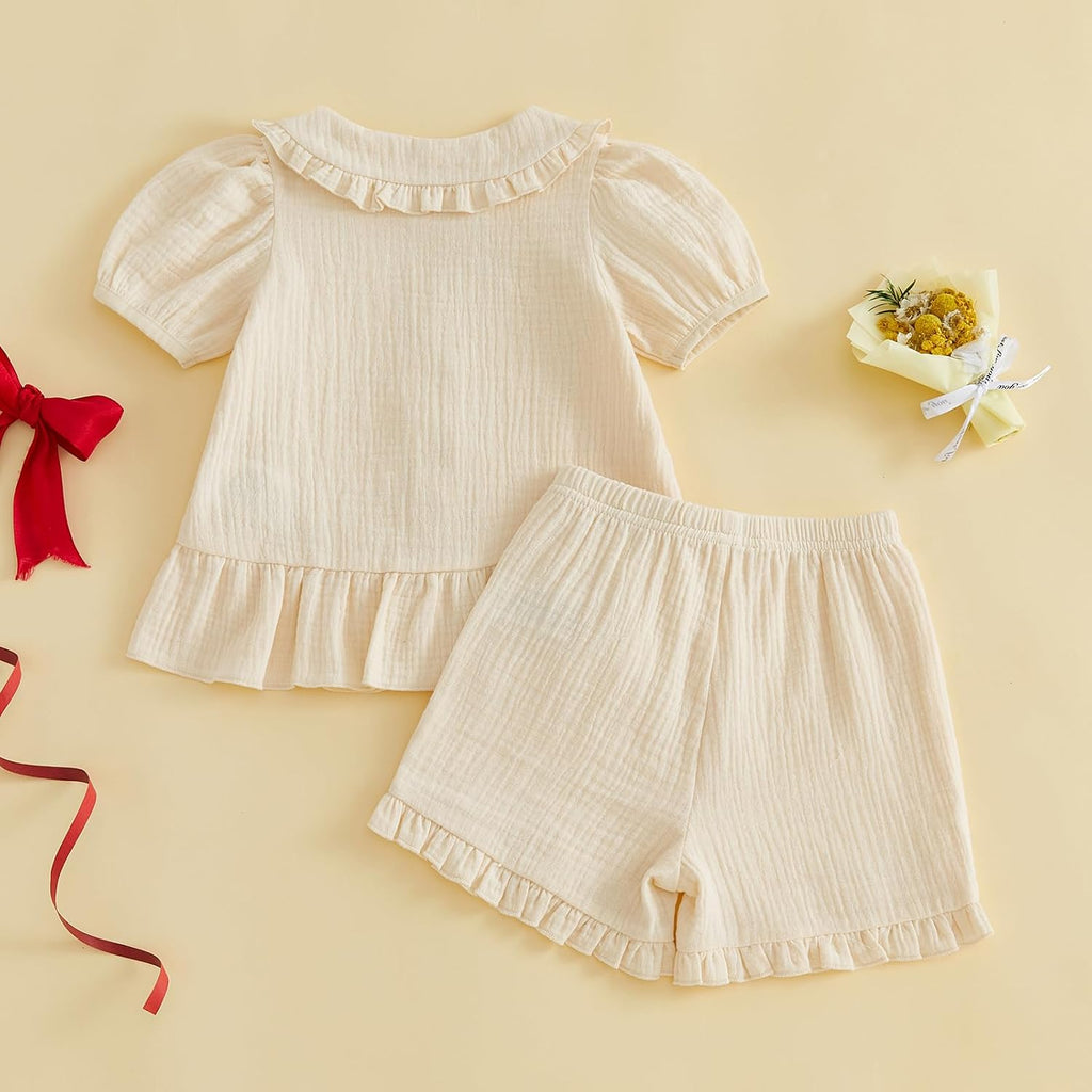 Baby Girl Button Down A-line Shirt Tops + Ruffled Shorts 2Pieces Clothes Set Cotton Gauze Solid Toddler Summer Outfit