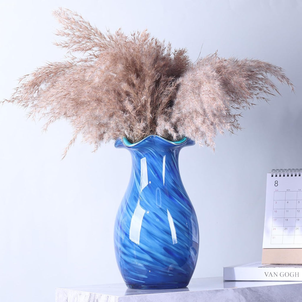 10.6in Hand Blown Blue Glass Vase - Wide Mouth Murano Bubble Art Glass Vase, Cobalt Blue Flower Vase for Coastal