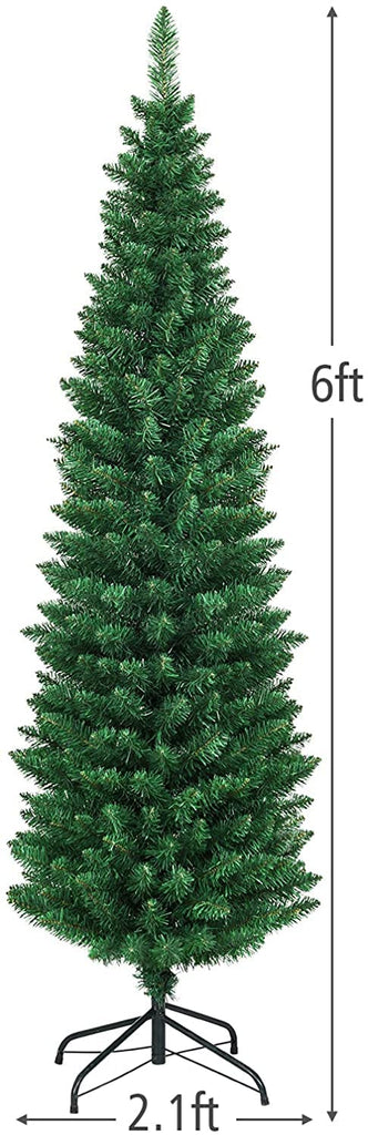 6FT Pencil Christmas Tree Slim Xmas Tree Outdoor Decoration Unlit Artificial Christmas Tree with Foldable Metal Stand