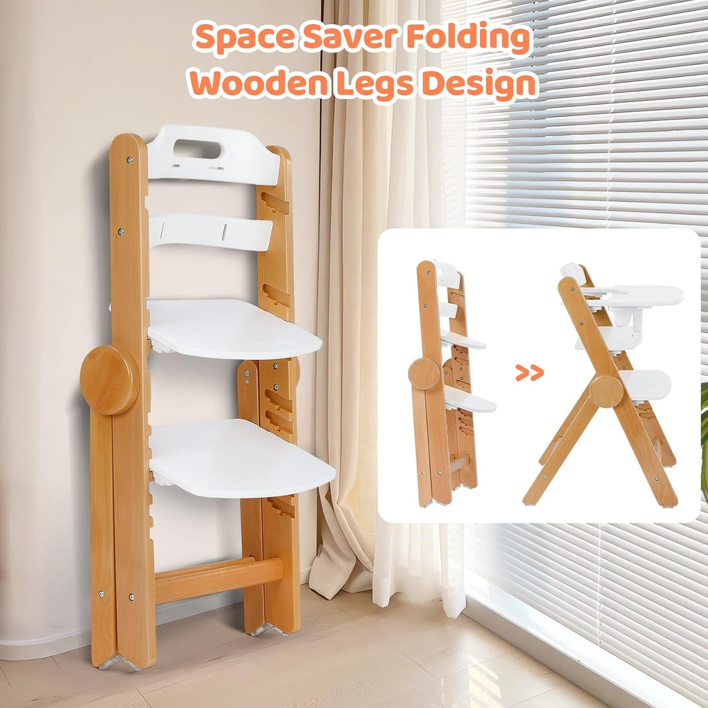 Foldable Wooden High Chair, No-Tools Adjustable Baby High Chair for Toddlers to Adult, Space-Saving Space Highchairs