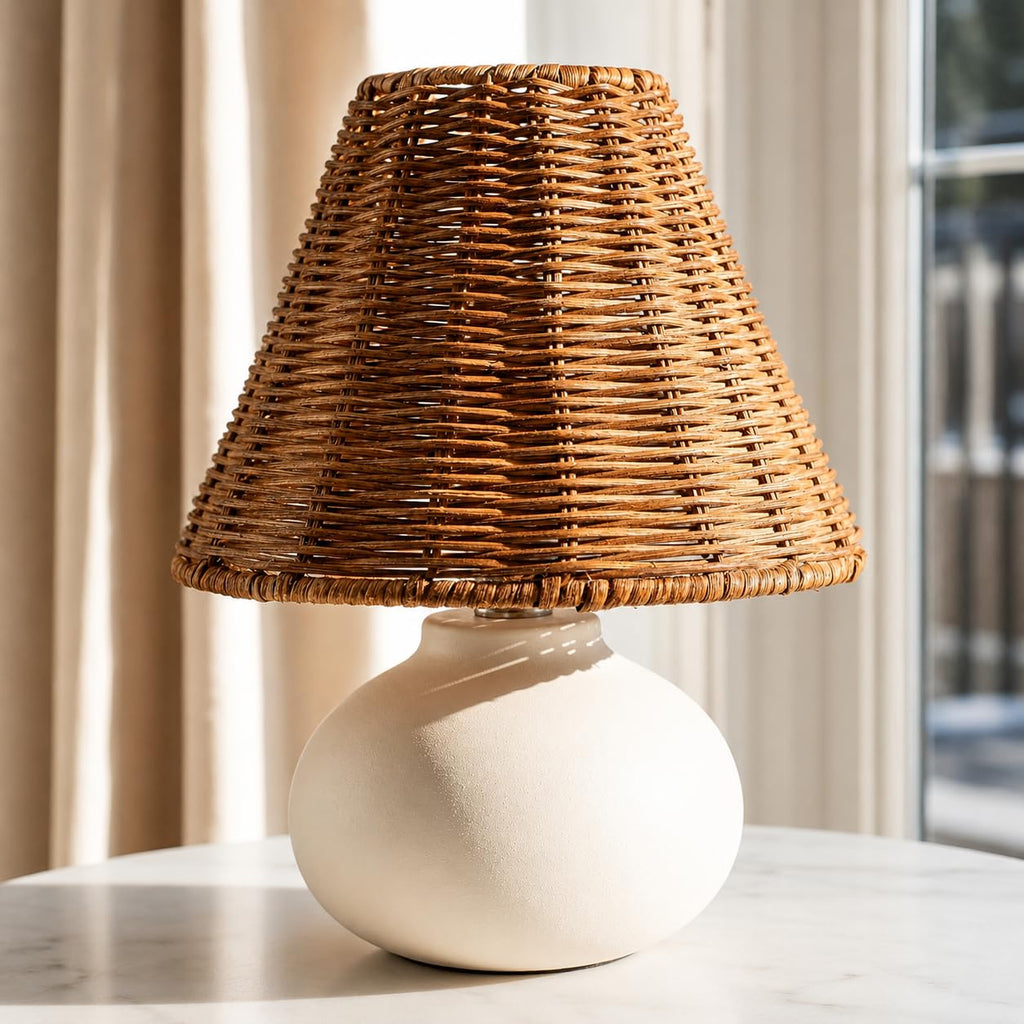 11" Small Table Lamp - Handmade Ceramic Cream Base with Wicker Rattan Shade, Dimmable Plug-in Nightstand Light