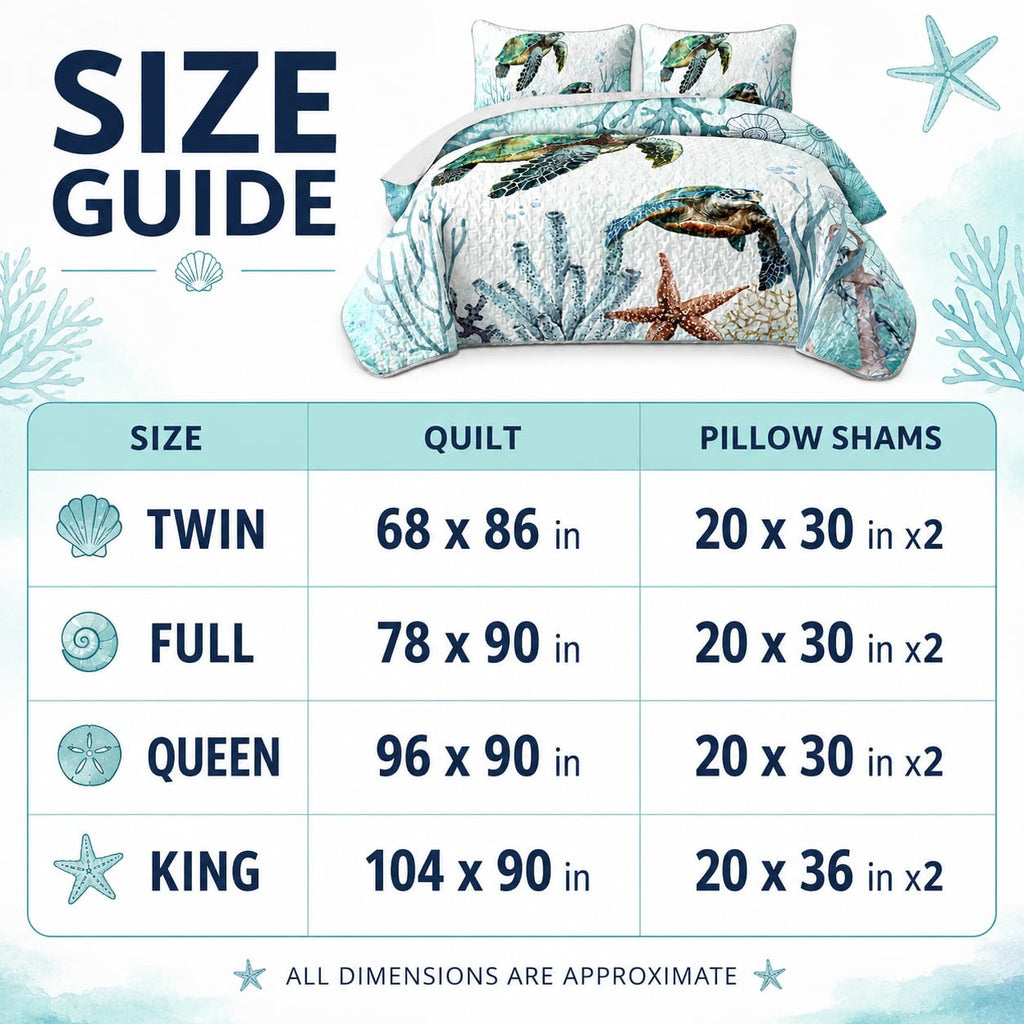 Sea Turtle Bedding Quilt Set, Teal Blue Ocean Beach Coastal Bedspread Coverlet, 3 Pieces Soft Lightweight
