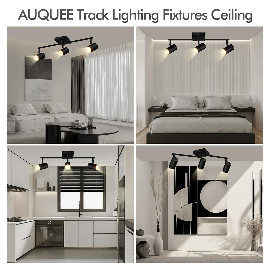 3 Light Track Lighting Fixtures Ceiling, Black LED Track Lighting Kit, Modern Kitchen Track Lights with Rotatable