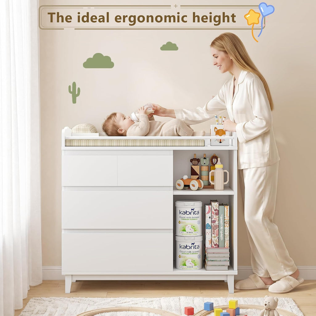 Baby Changing Table Top, Multi-Functional Nursery Changing Table, 4 Drawers with 2 Open Shelves, Bedroom, White