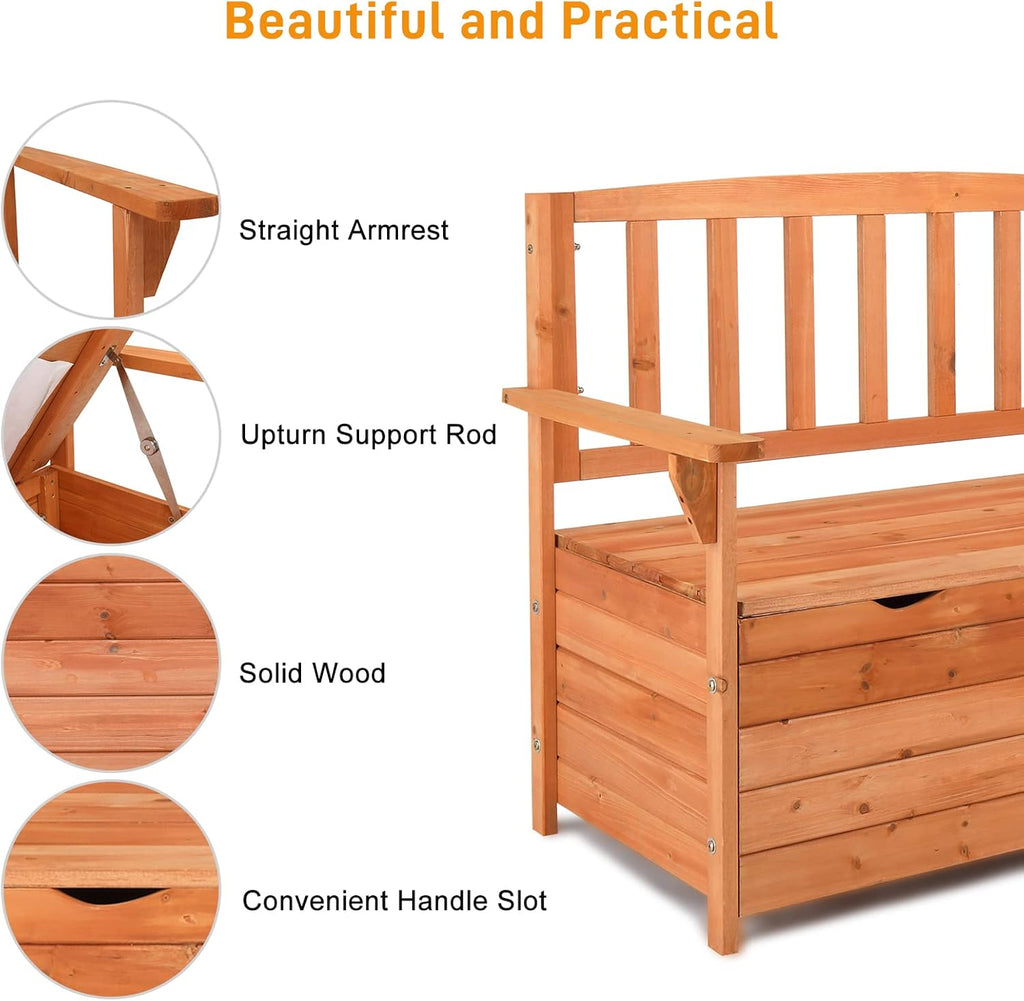 Outdoor Wood Storage Bench, Deck Box Loveseat, Natural | Waterproof Patio Organizer Provides Seating and Storage for