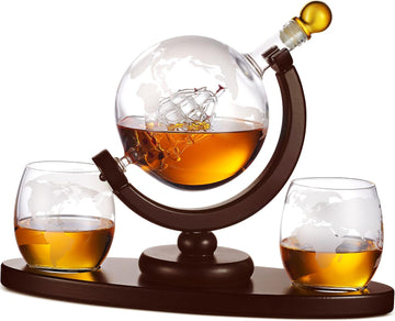Gifts for Men, Whiskey Decanter Globe Set with 2 Etched Whiskey Glasses - for Liquor Scotch Bourbon Vodka, Gifts