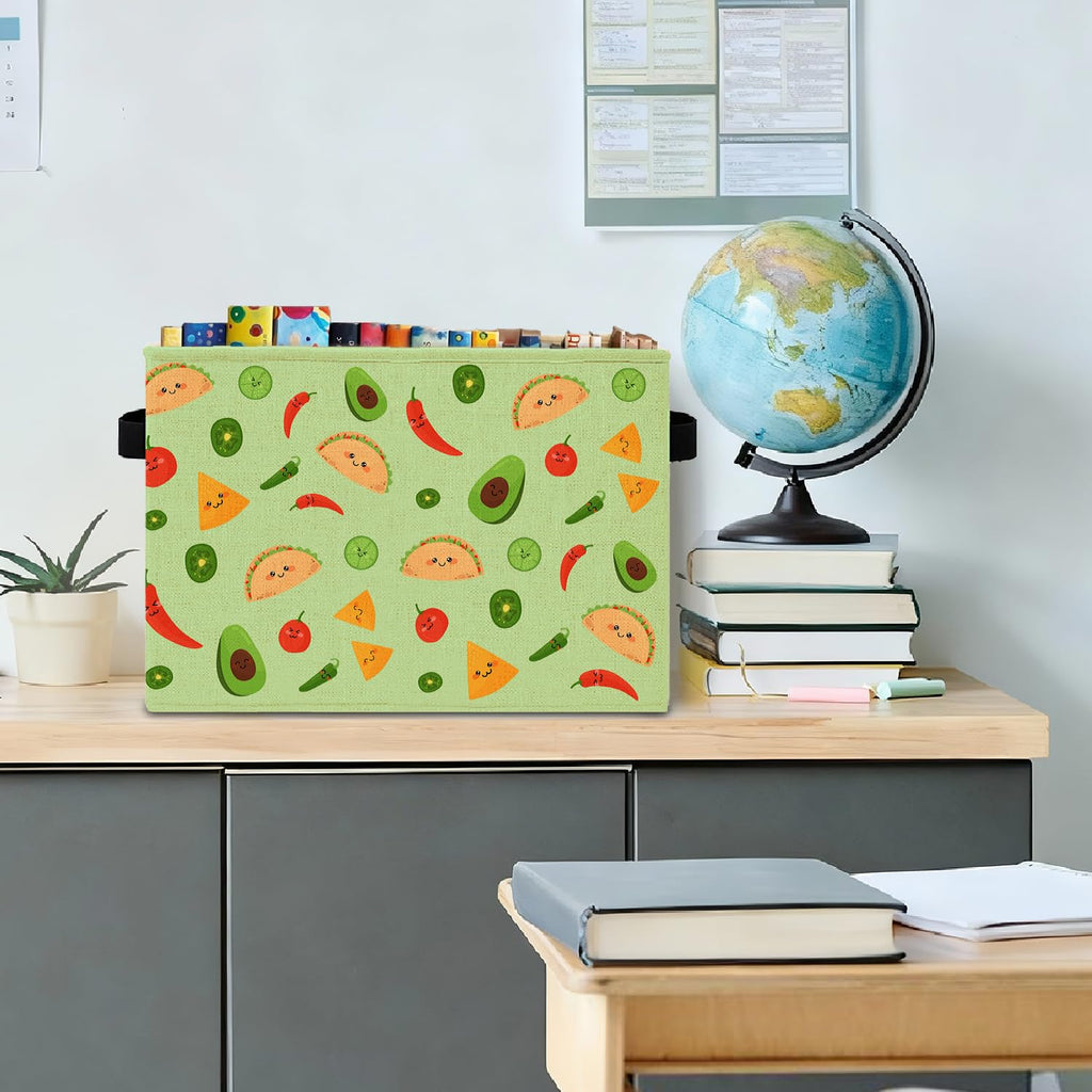 Green Mexican Taco Avocado Storage Bins Box with Handles, Chili Nacho Mexican Food Laundry Basket Hamper Collapsible