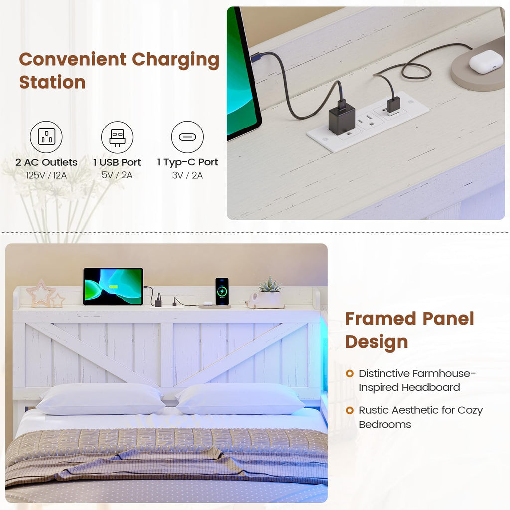 Corner Farmhouse Bed with 6 Storage Drawers, Antique White