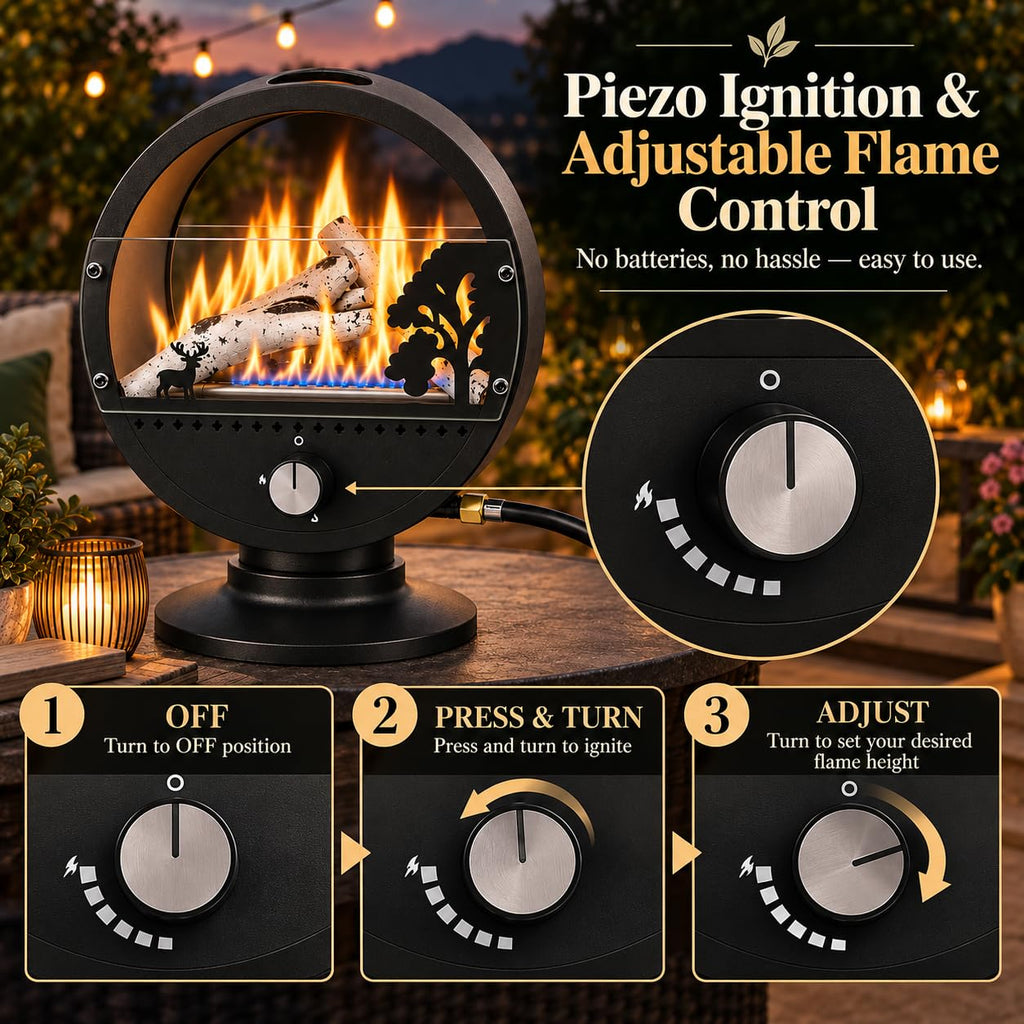 Tabletop Propane Fire Pit Heater, 10000 BTU Portable Outdoor Patio Heater with Ceramic Fireplace Logs, Glass Wind