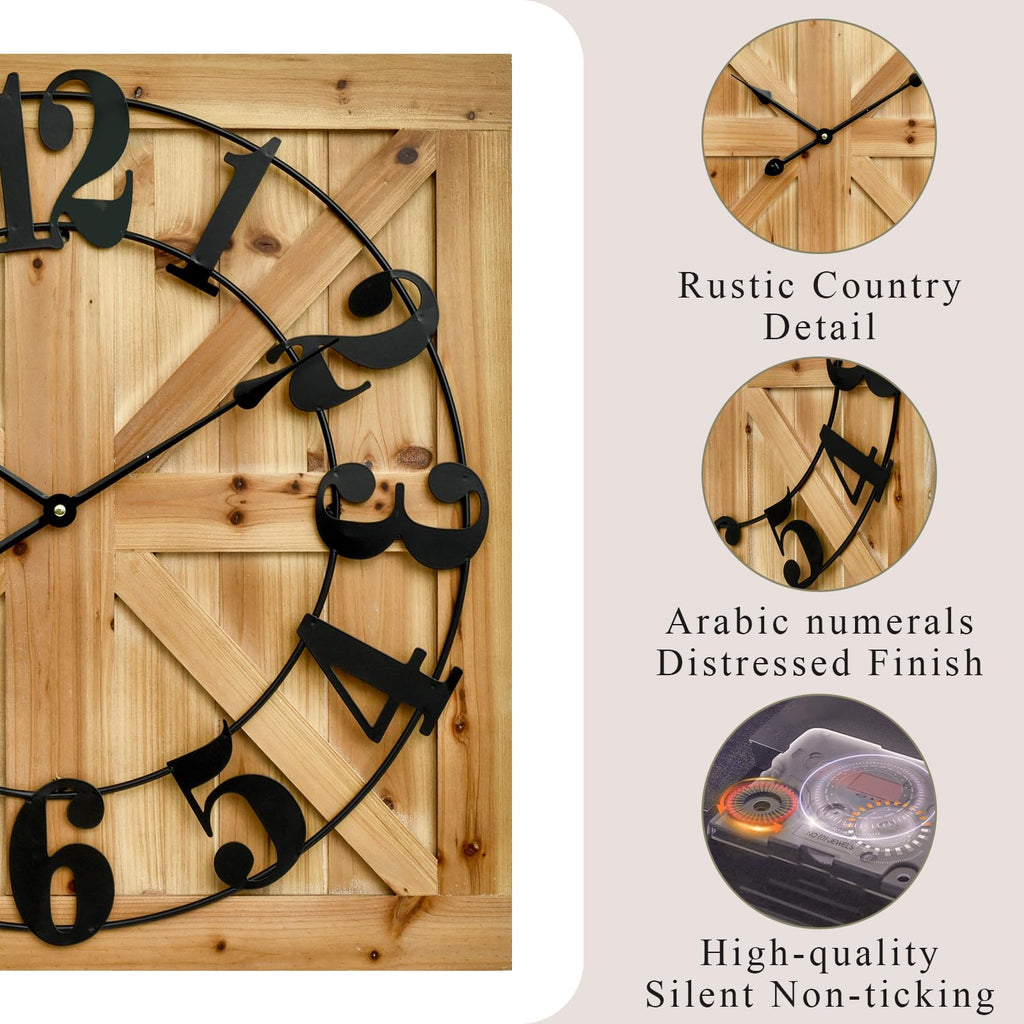 24 Inch Large Square Wood Wall Clock - Rustic Farmhouse Wall Decor, Silent Non-Ticking Battery Operated Clock with