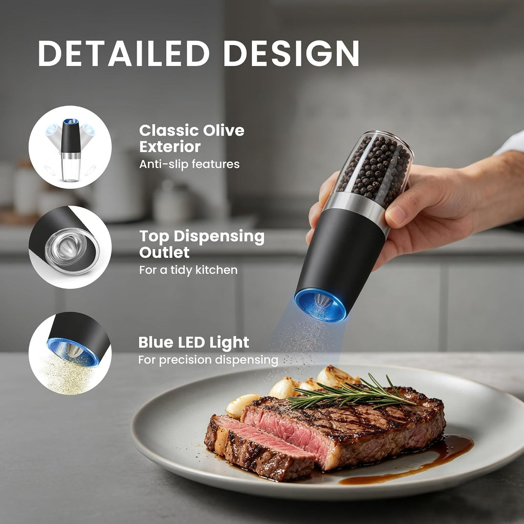 Battery Operated Gravity Salt And Pepper Grinder Set, (Black) - Set of 2