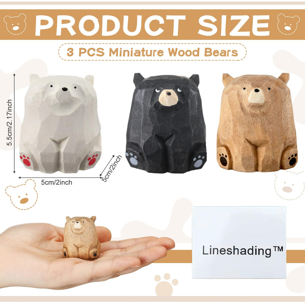 3 Pcs Mini Wooden Bears Figurines, Standing, 2 x 2.2 Inch