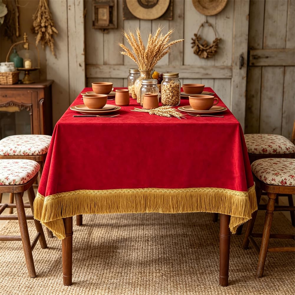 Rectangular Velvet Tablecloth, Vibrant Red Velvet with Luxurious Gold Tassel Fringe, Heavy‐Thick Table Cover for