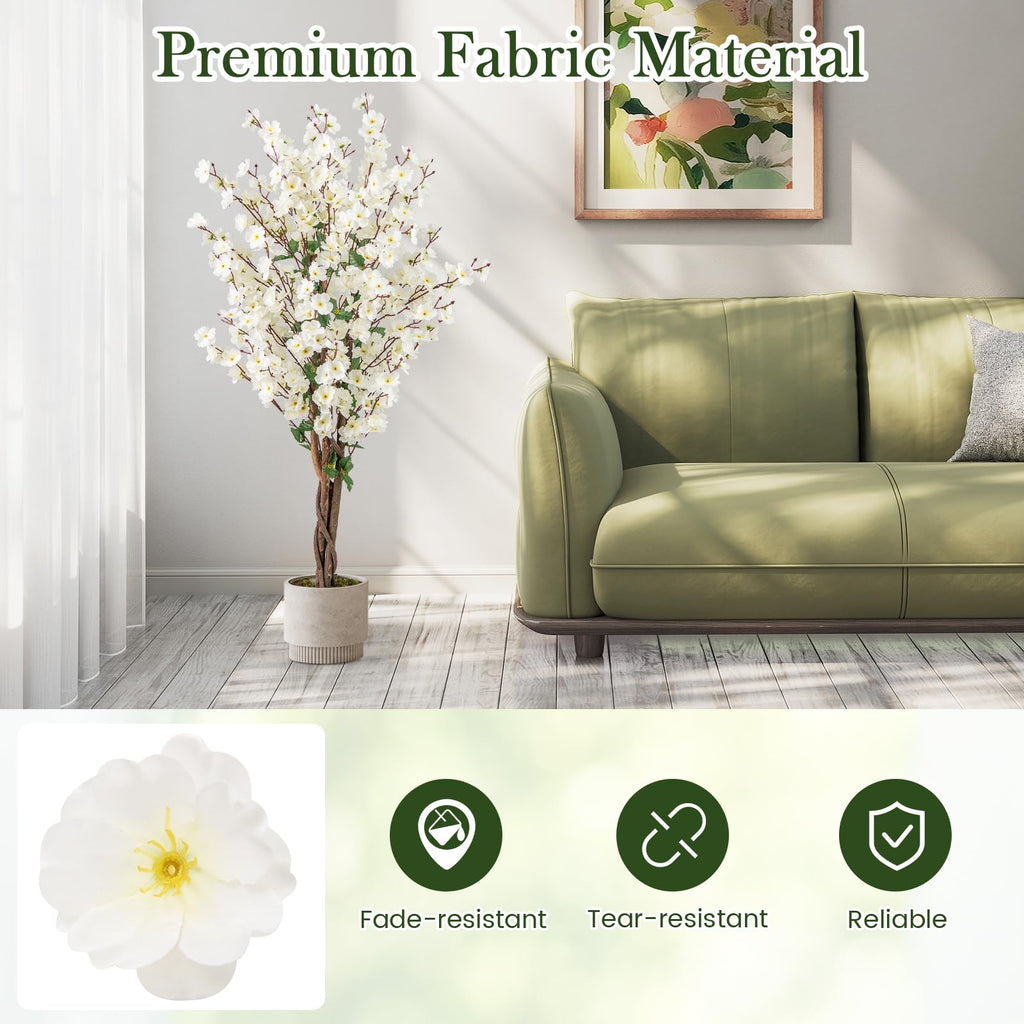47" Artificial Wintersweet Tree, Faux Plum Blossom Plant with White Fabric Flower, Solid Wood Trunk, Fake Potted