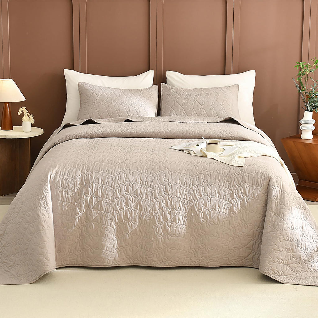 Queen Bedspreads 102x118 Leaves Pattern Printed Bedspreads & Coverlets, 3 Pcs Linen Feel Queen Quilt Set Lightweight