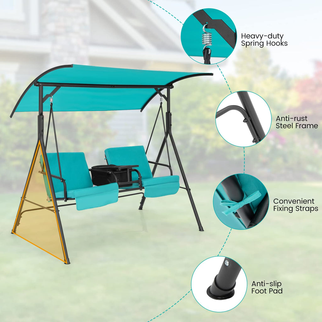 2 Person Porch Swing with Cooler Bag, Turquoise