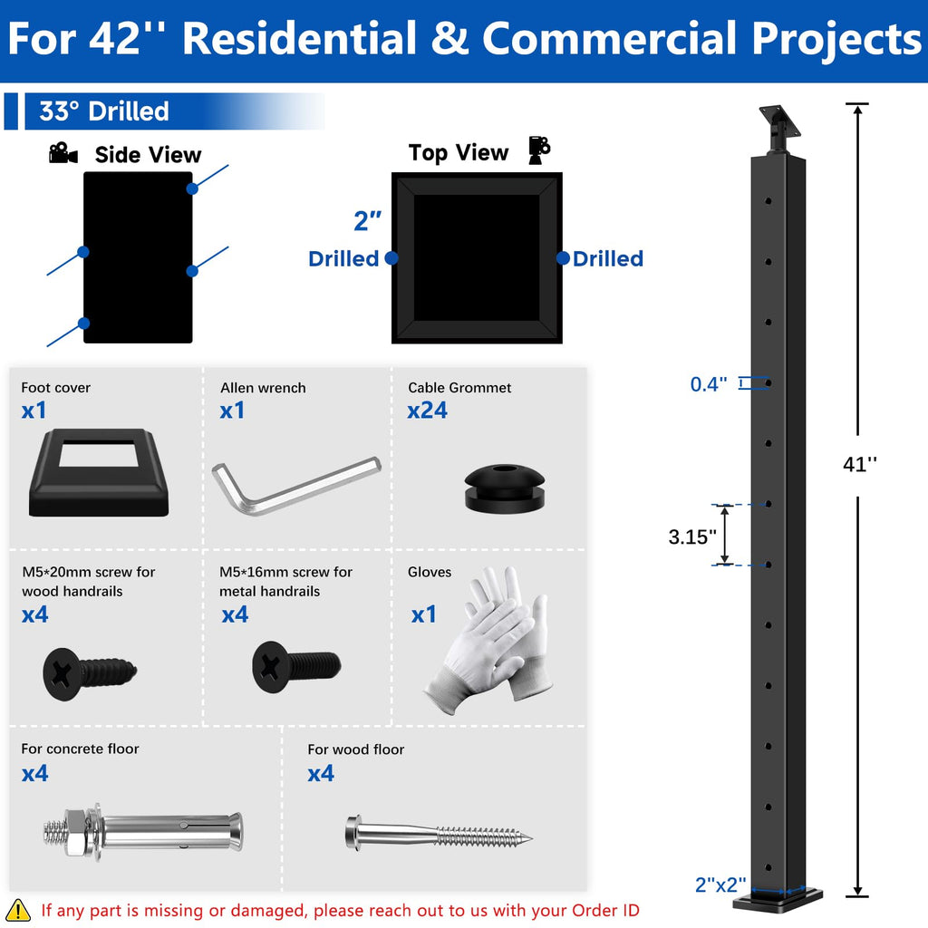 42" Modular Cable Railing Stair Post for Deck Porch, Surface Mount