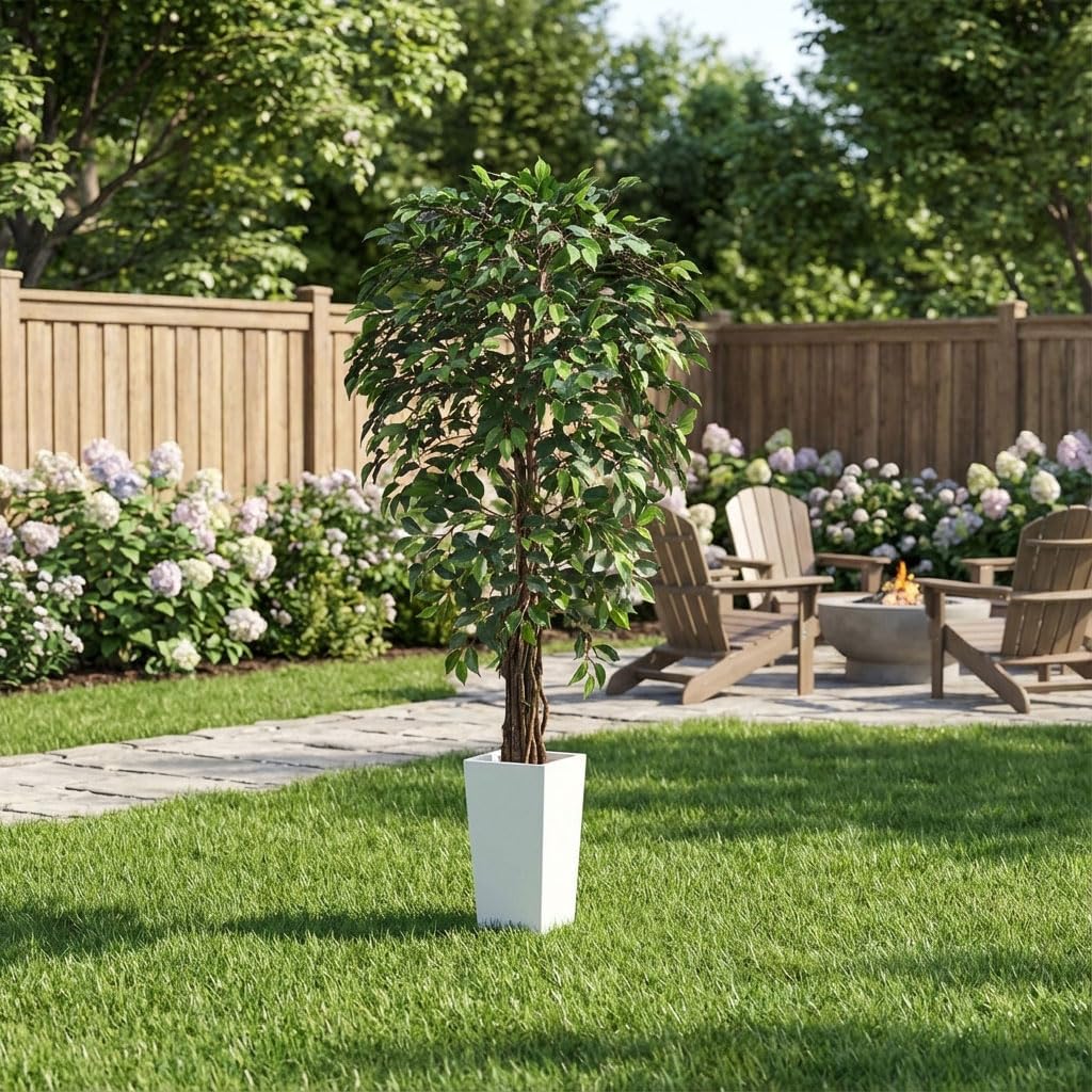 6ft Artificial Ficus Tree Decor with White Pot, 6 Feet Faux Plant Fake Silk Trees Outdoor House Living Room Office