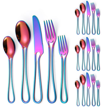 A·HOUSEWARE Iridescent Silverware Hollow Design 20 Piece Stainless Steel Flatware Set of 4 include Forks Spoons