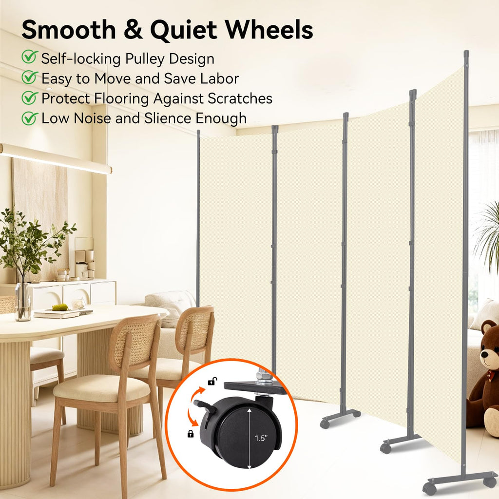 88" W 4 Panel Room Divider, Portable Privacy Screen W/Wheels Freestanding