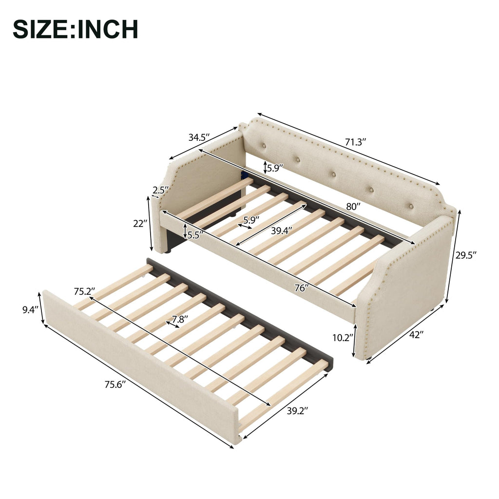 Twin Size Daybed with Trundle, Upholstered DayBed and A Trundle, Modern Tufted Sofa Bed Linen Fabric Daybed, Solid