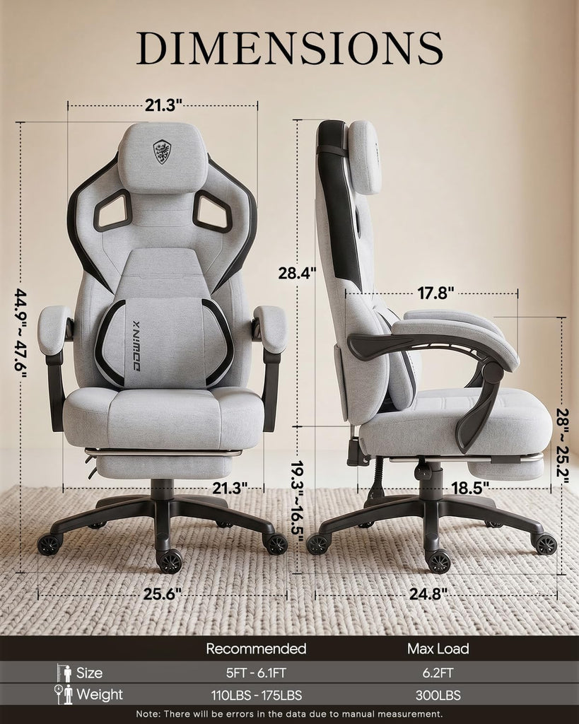 Big and Tall Gaming Chair with Footrest, Gray | Breathable woven fabric with lumbar support and extra-wide seat back;