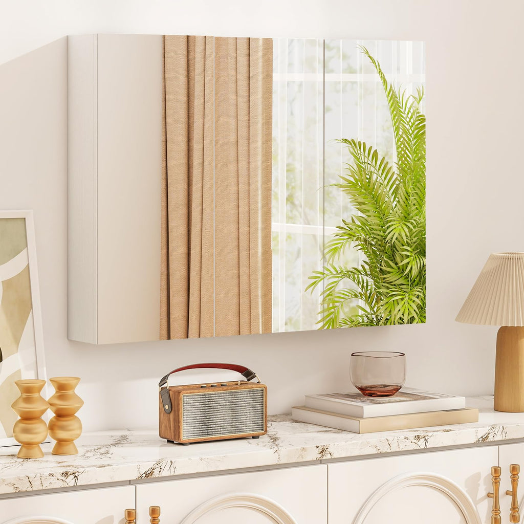 Mirrored Medicine Cabinet, Large Wide Wall Mounted Storage Cabinet with 3 Mirror Doors, Hanging Bathroom Organizer