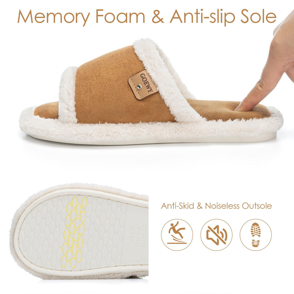 Open Toe Womens Slippers, Fuzzy Suede Slipper with Cozy Memory Foam