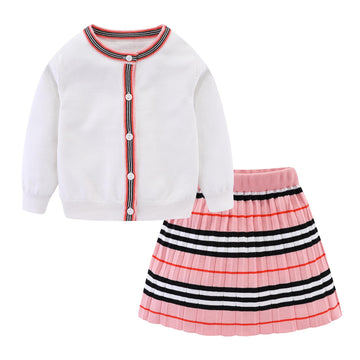 Pink Two Piece Outfit for Toddler Girls Ribbed Knit Sweater Cardigan Pleated Skirt Set