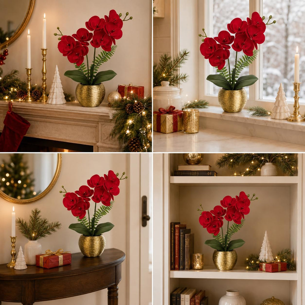 13" Small Artificial Orchid Flowers in Gold Ceramic Pot, Red Faux Phalaenopsis Silk Orchid Arrangement Vanity Bedroom